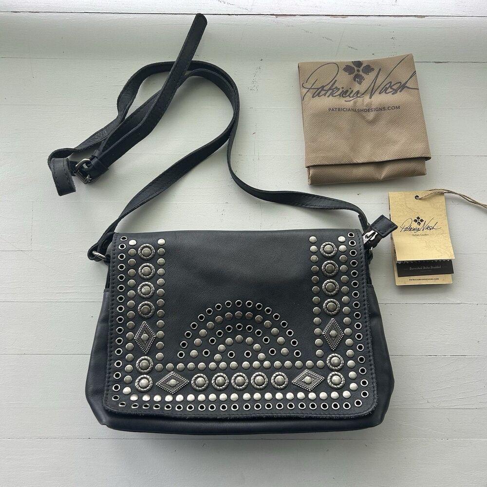 Patricia Nash Preselle Black Grey Studded Leather Crossbody Bag Boho Western